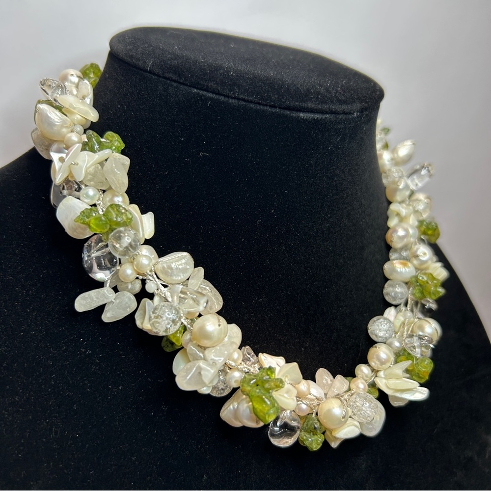 Elegant Baroque Pearl and Peridot Gemstone Sterling Necklace
